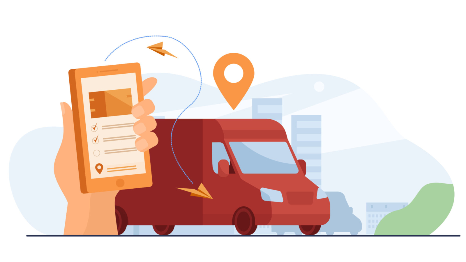 Customer using mobile app for tracking order delivery. Human hand with smartphone and courier van on street with map pointer above. Vector illustration for gps, logistics, service concept