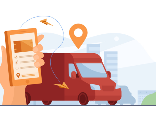 Customer using mobile app for tracking order delivery. Human hand with smartphone and courier van on street with map pointer above. Vector illustration for gps, logistics, service concept